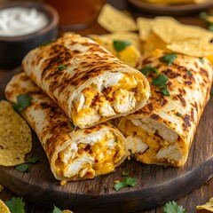 Deliciously cheesy burritos surrounded by crispy chips, selective focus