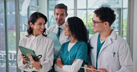 Healthcare, smile and people with tablet, teamwork or administrator with app for staff performance. Happy, collaboration and showing schedule to nurse, colleagues and medical professional in hospital