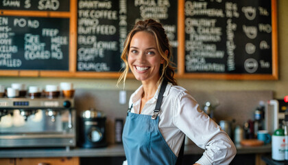 Female barista with blue apron and white shirt smiling in coffee shop with chalkboard menu background. Friendly cafe worker in front of espresso machine. Young woman entrepreneur with positive