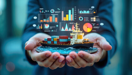 Hands holding cargo ship against background of data dashboard with colorful analytics charts. Maritime logistics and supply chain performance metrics visualized in digital interface