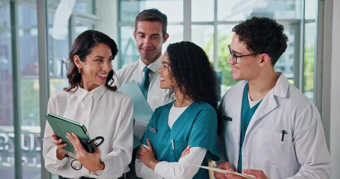 Healthcare, smile and people with tablet, teamwork or administrator with app for staff performance. Happy, collaboration and showing schedule to nurse, colleagues and medical professional in hospital