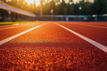 Running track at stadium under soft sunlight. Ideal for fitness, athletics, sports training visuals, or marathon-related content.

