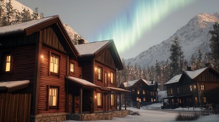 Cozy wooden cabin in snowy landscape under vibrant northern lights in a tranquil winter setting