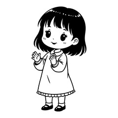 Cute Chibi Kawaii Little Girl Clapping Pose Happy Smiling in Black and White Outline Line Art Drawing