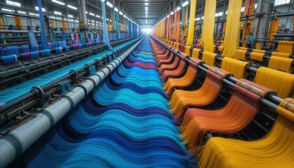 Fototapeta premium Colorful Threads on Spools in a Textile Factory Production Line