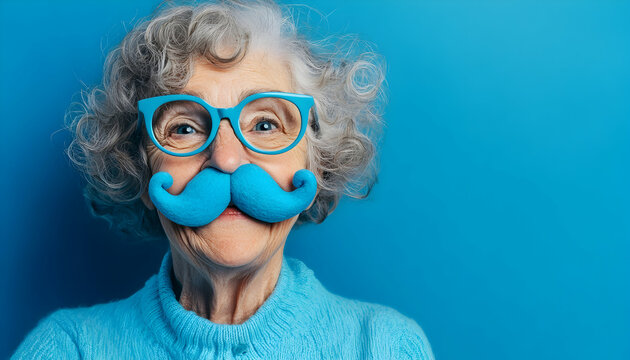 November fake mustache fun concept. A playful elderly woman with curly hair poses against a blue background sporting a large blue mustache and glasses