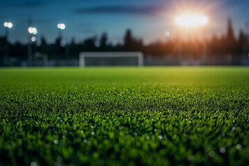 Close-up of wet green grass on soccer field at night. Stadium lights in background, raindrops on turf. Perfect for sports ads, training visuals, game atmosphere.

