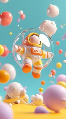 Whimsical Astronaut in Space Surrounded by Colorful Shapes and Bubbles