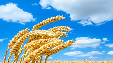 Golden Wheat Field Under Blue Sky with White Clouds, Agricultural Landscape during Sunny Day