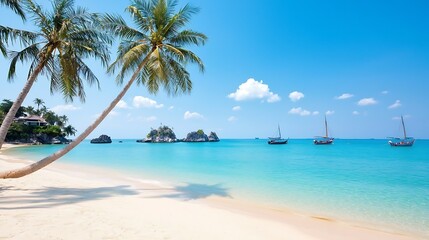 Naklejka premium Tropical Beach Scene with Palm Trees, Clear Blue Water, and Traditional Boats on Calm Sunny Day
