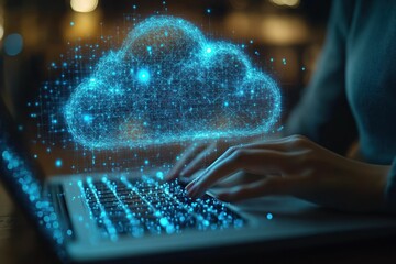 Hands typing, digital cloud data flows.
