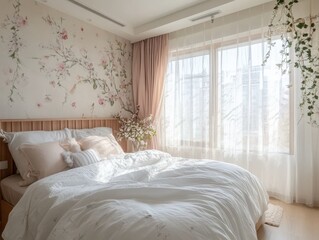 A comfortable bedroom with floral wallpaper and a bright window