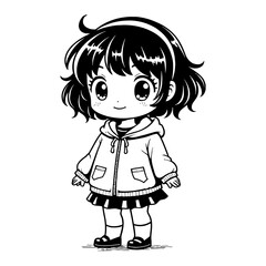 Cute Chibi Kawaii Little Girl Wearing Hoodie in Standing Pose Black and White Outline Line Art Drawing
