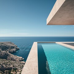 Obraz premium Infinity pool meeting sea, cliffs on the left. Minimalist architecture