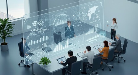 Modern Business Team Meeting with Futuristic Holographic AI Data Presentation