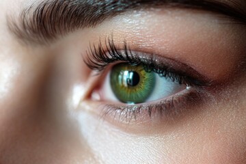 Obraz premium Extreme close-up of a woman's green eyes with perfect makeup, showcasing detailed eye beauty and skincare. Ideal for makeup and beauty promotions, high-quality advertisements, and conceptual beauty