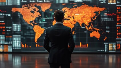 Businessman stares at a large screen displaying a world map highlighted with burning orange and red pixels, surrounded by data and metrics.  Dark, modern interior