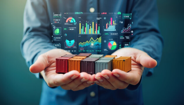 Hands holding colorful shipping containers with digital analytics dashboard floating above. Data visualization shows logistics kpis, performance metrics, and supply chain statistics with multicolored
