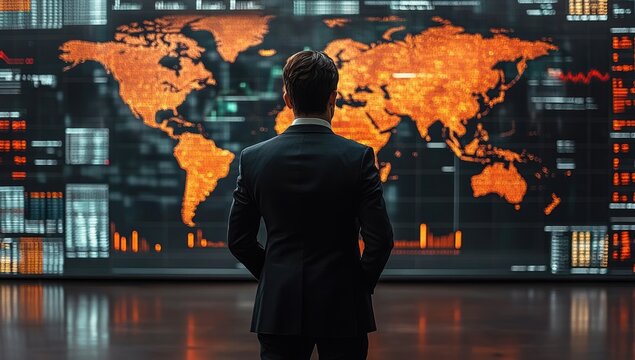 Businessman stares at a large screen displaying a world map highlighted with burning orange and red pixels, surrounded by data and metrics.  Dark, modern interior