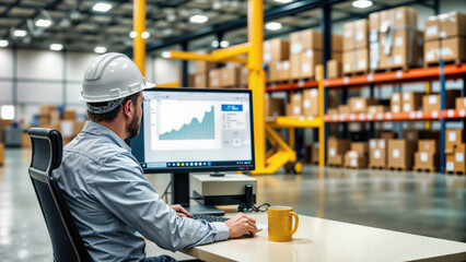 Warehouse supervisor with hardhat monitors logistics performance data on computer screen. Growth chart visible with inventory storage racks and stacked boxes in background. Yellow mug on white desk