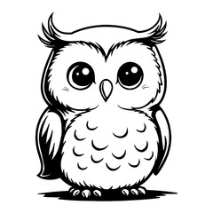 Fototapeta premium Cute Kawaii Chibi Owl with Big Eyes Full Body Front View Isolated Black and White Outline Line Art Drawing