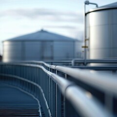 Naklejka premium Industrial site with large metal tanks under a cloudy sky. Metal railing in foreground