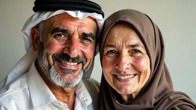 Close-up of older arab couple, man in traditional garment and head covering, woman in brown hijab, both smiling warmly, against light gray background. Concept of love, cultural heritage.