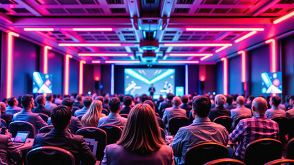 Tech conference with neon pink and blue lighting illuminates audience facing digital screens. Modern event space with futuristic ambiance for business professionals, startups and innovation community.