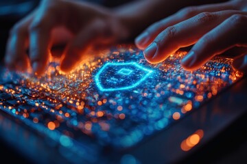 Hands typing, digital shield glows, online security.