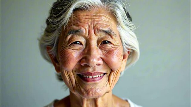 Close-up of elderly asian woman with warm smile, silvery-gray wavy hair, against light gray background. Concept of serenity, aging, wisdom.