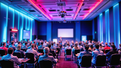 Business conference in modern auditorium with blue and pink neon lighting. Audience of professionals seated in rows facing presentation screen. Corporate event with speakers on stage in futuristic