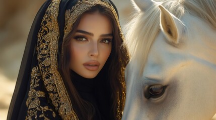 Beautiful middle eastern woman wearing traditional clothes posing with white horse in desert