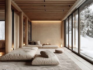 A serene and elegant indoor space with natural elements visible