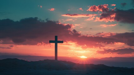 Good Friday concept: cross with sunset in the sky background