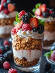 Delicious layered dessert featuring crumbled cookies, whipped cream, and fresh berries