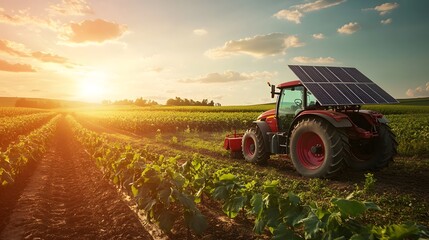 Fototapeta premium a tractor working in field, harnessing solar power for sustainable agriculture, solar panel mounted on the tractor