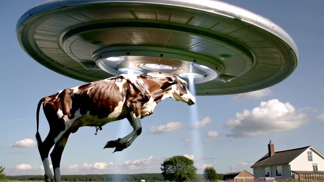 Spaceship is abducting a cow in a farm field with a house in the background