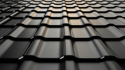 Fototapeta premium Black Tile Roof Texture: A close-up, abstract view of a black tiled roof. The intricate pattern and texture create a visually captivating surface, perfect for architectural, design.