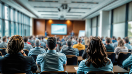 Business conference with audience in modern hall. Large crowd views growth chart presentation on screen. Rear perspective of diverse attendees seated at rows of desks. Corporate training event