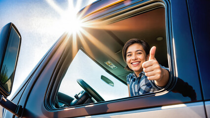 Happy young woman giving thumbs up from car window with sunlight flare. Driver enjoying roadtrip with positive attitude during sunny day. Freedom and adventure on journey with bright natural lighting