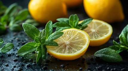 Fresh lemons and mint leaves resting on wet black surface