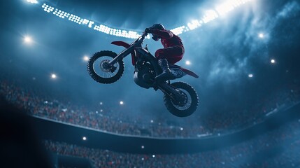 A motocross rider soars through the air in a packed stadium, performing an extreme stunt under bright lights. The image captures adrenaline, speed, and the thrill of freestyle motocross.