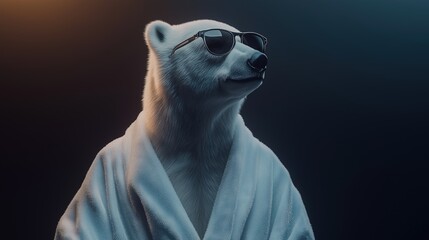 A stylish polar bear wears sunglasses and a white coat, exuding confidence and sophistication. The dark background highlights its cool, anthropomorphic appearance in a modern, artistic portrait.