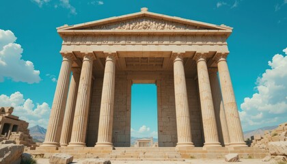 Obraz premium Ancient Greek Temple Structure with Majestic Columns and Sky View