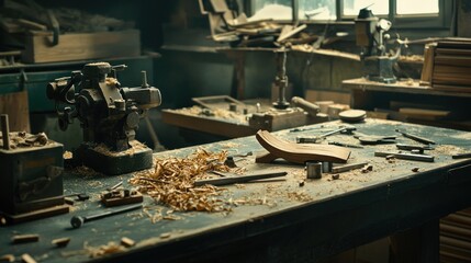 Fototapeta premium Workshop chaos. Wood shavings on a workbench, tools and projects nearby