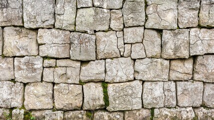 Fototapeta premium Weathered wall. Stone blocks fitted together with some moss growing between them