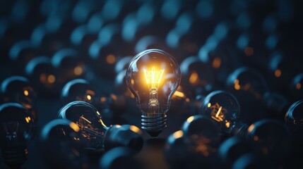One of Lightbulb glowing among shutdown light bulb in dark area with copy space for creative thinking , problem solving solution and outstanding concept by 3d rendering technique