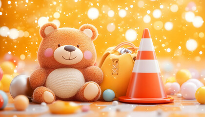 Obraz premium Cute teddy bear with backpack and traffic cone amidst colorful bokeh