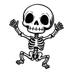 Cute Chibi Kawaii Skeleton Jumping Pose Funny Character Cartoon Black and White Outline Line Art Drawing