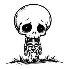 Cute Chibi Kawaii Skeleton Sad Pose Standing on Grass Black and White Outline Line Art Drawing